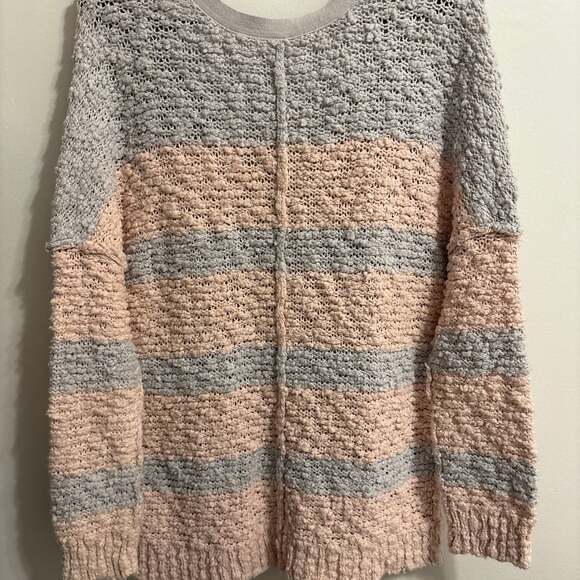 Free People Songbird Striped Boucle Knit V-Neck Sweater in Pink and Cream - Picture 3 of 3